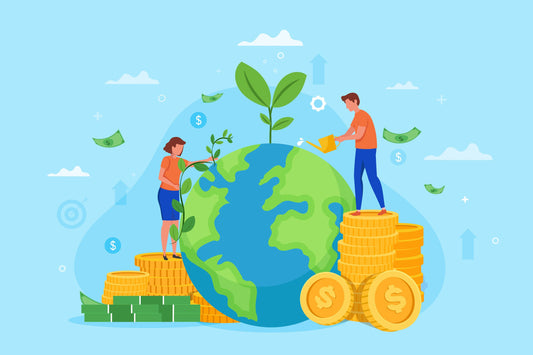 Illustration of sustainable economic growth with EPR and plastic taxes in mind, showing individuals watering a young plant on a globe with coin stacks, representing investment in environmentally responsible practices.