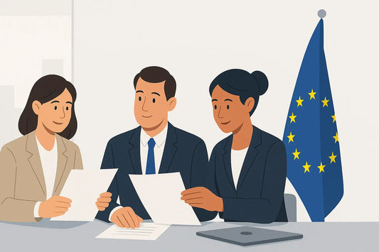 Three business professionals discussing compliance regulations with the EU flag in the background