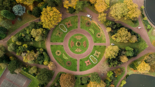 Overhead view of an eco-friendly park design, symbolizing sustainable urban planning and green spaces, as featured in our blog on environmental responsibility and circular economy in urban development.