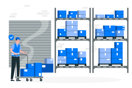 Illustration of a worker organizing boxes on shelves in a warehouse, representing packaging and logistics management.